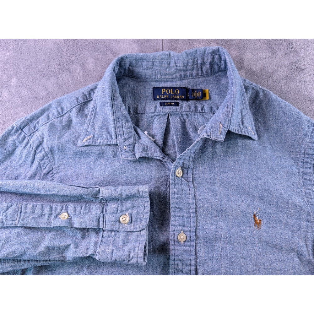 Polo Ralph Lauren Slim Fit Chambray Button Down Shirt Blue Mens Large L